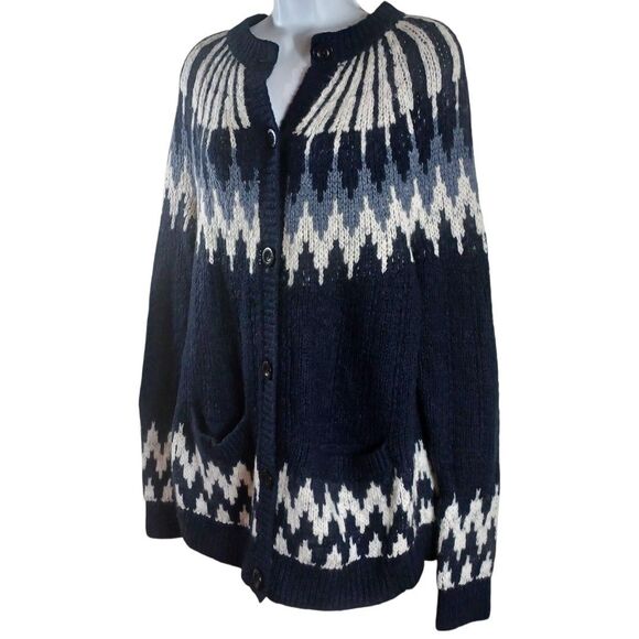 Abercrombie & Fitch M Fair Isle Cardigan Sweater Nordic Blue White Wool Blend - Picture 3 of 8